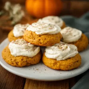 Pumpkin cookies decorated with creamy frosting on a plate