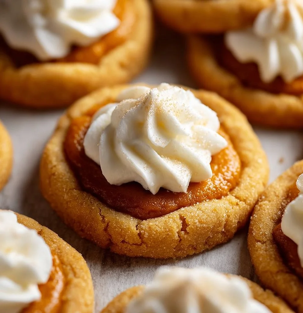 Freshly baked pumpkin pie cookies with spices and cream cheese frosting