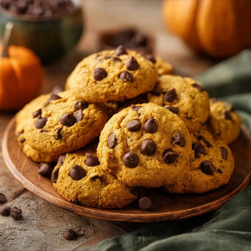 Pumpkin spice chocolate chip cookies on a plate, drizzled with caramel