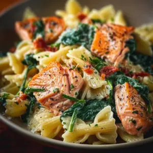 Delicious quick salmon and spinach pasta dish served in a bowl