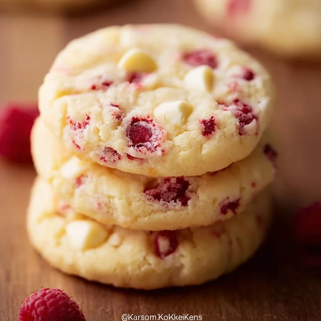 Raspberry Cheesecake Cookies plated with fresh raspberries and mint leaves