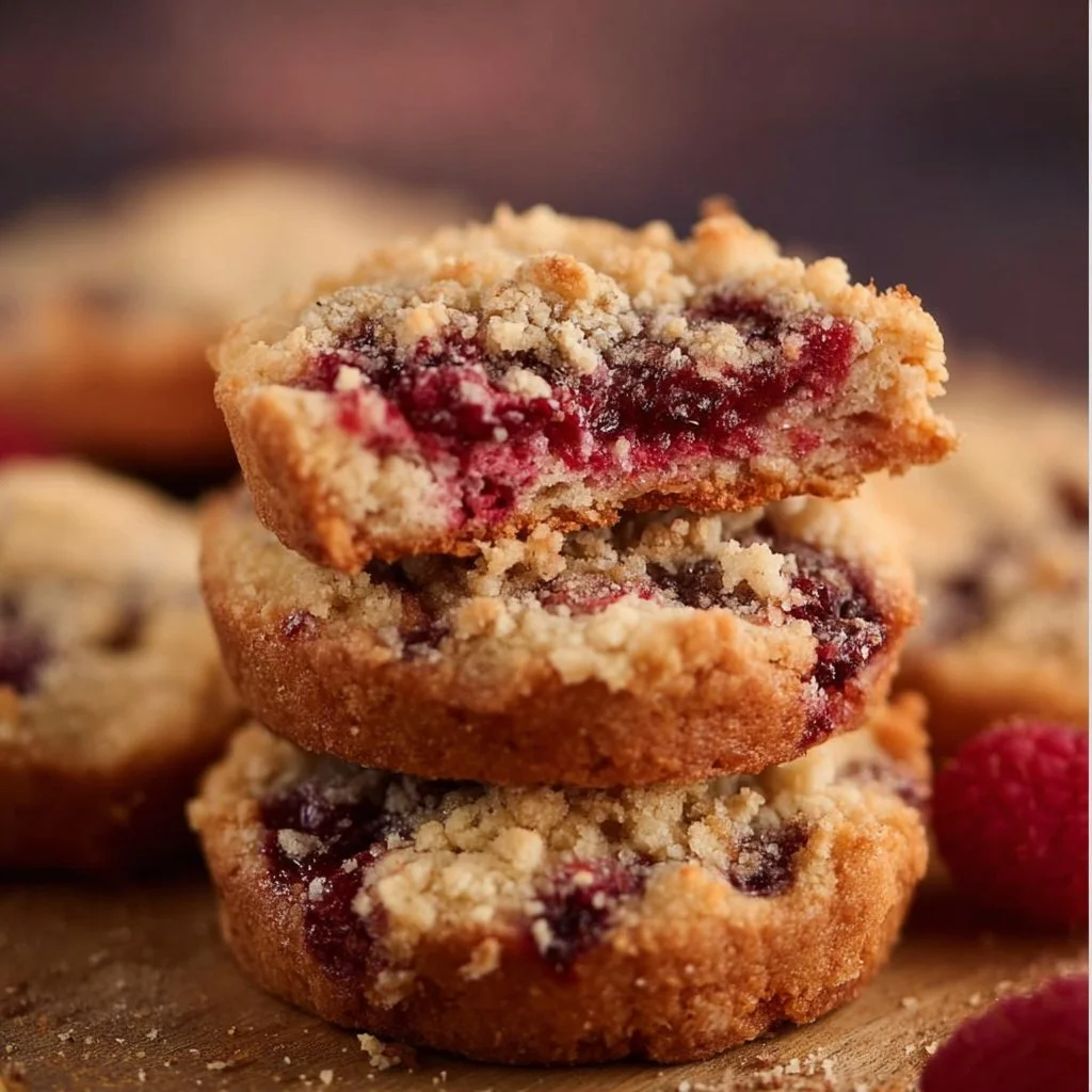 Delicious Raspberry Crumble Cookies with a buttery topping and raspberry filling.