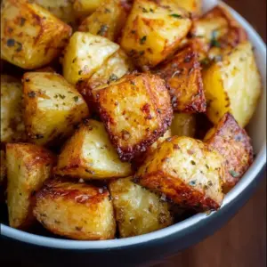 Crispy roasted air fryer diced potatoes served in a bowl.
