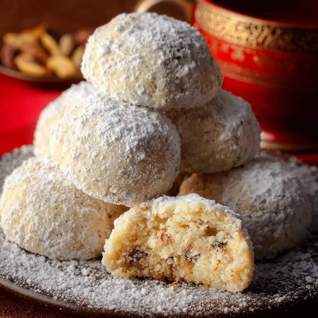 A plate of traditional Russian Tea Cookies dusted with powdered sugar