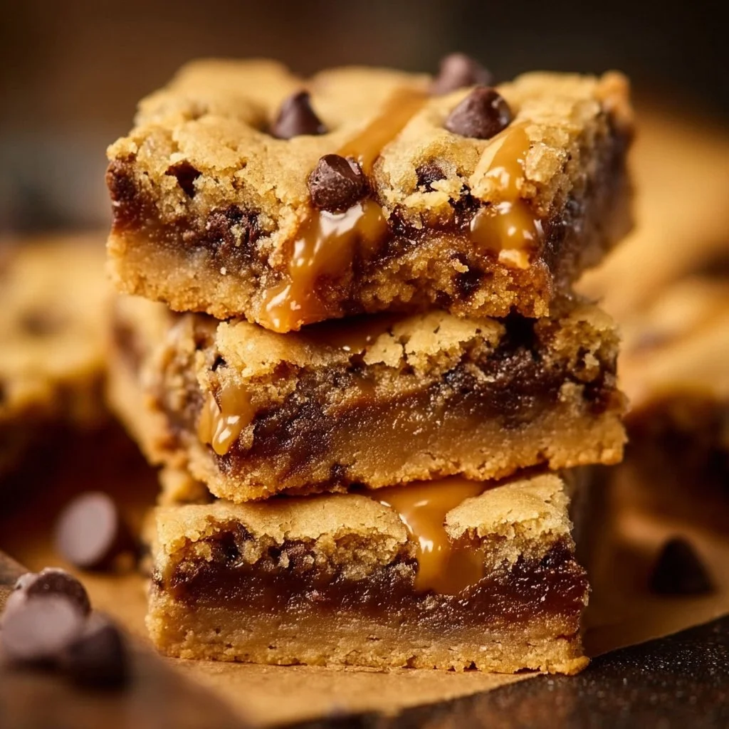Delicious salted caramel chocolate chip cookie bars displayed on a plate