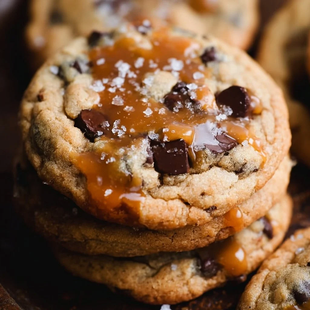 Delicious salted caramel chocolate chip cookies with a sprinkle of sea salt
