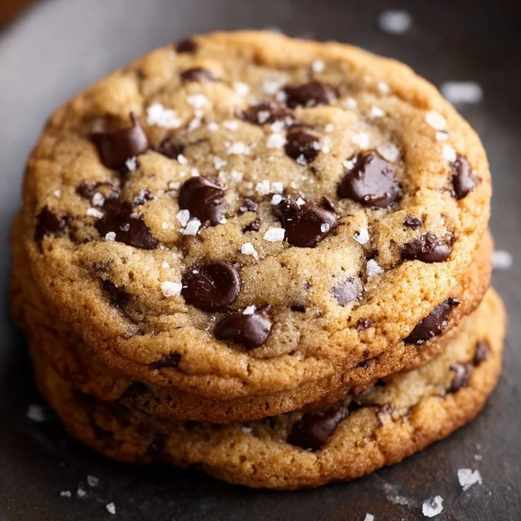 Freshly baked sea salt chocolate chip cookies on a cooling rack.