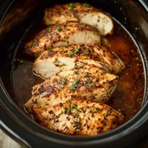 Slow cooker chicken breasts with herbs and spices in a bowl