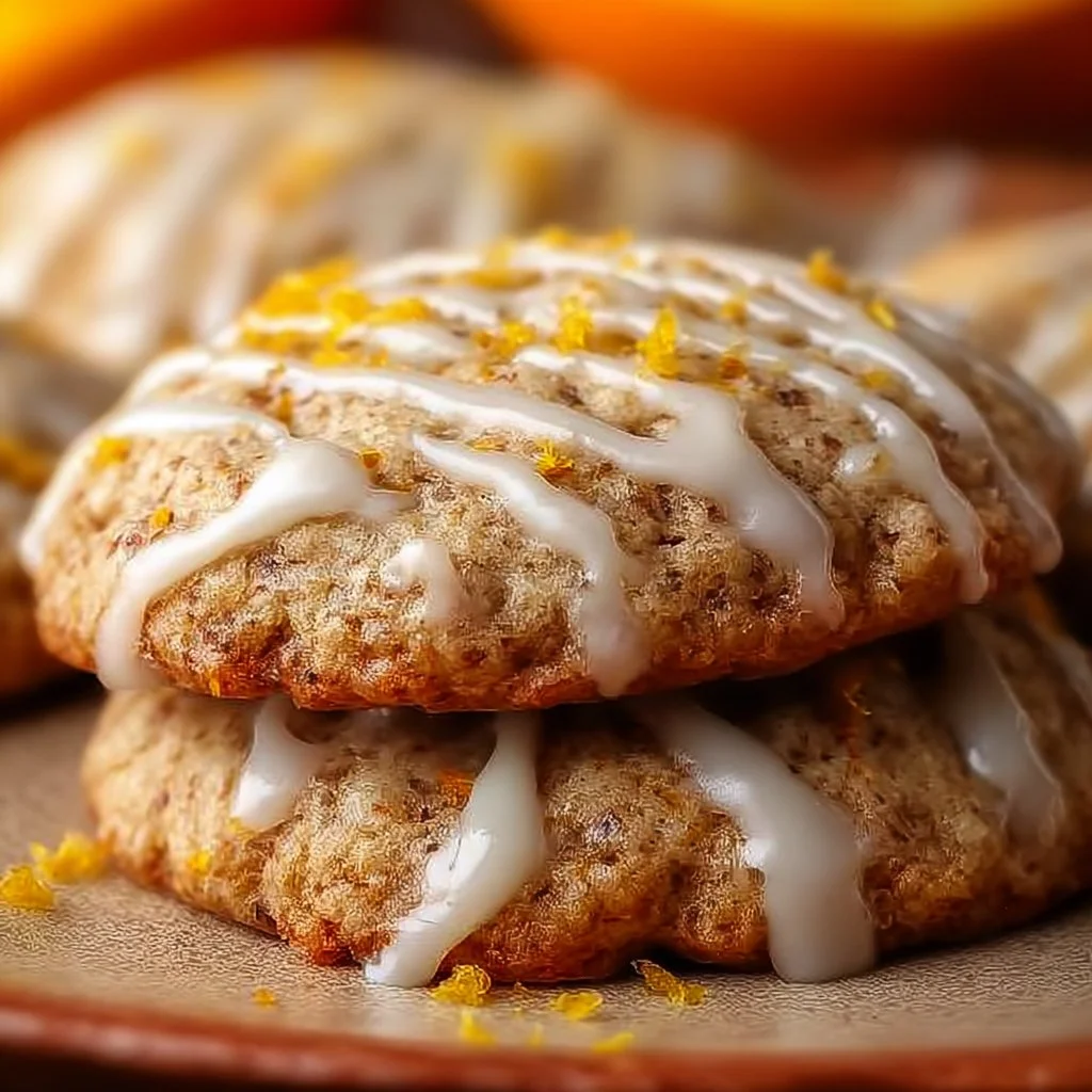 Spiced orange clove cookies drizzled with zesty glaze on a wooden table.