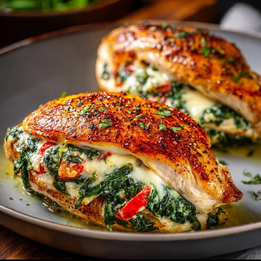 Delicious spinach stuffed chicken breast on a plate, garnished and ready to serve.