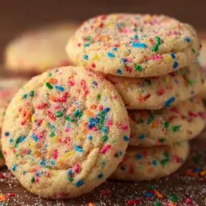 Delicious sprinkle sugar cookies freshly baked and decorated.