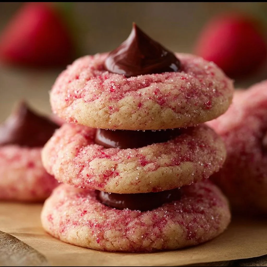 Freshly baked Strawberry Kiss Cookies topped with chocolate and strawberries
