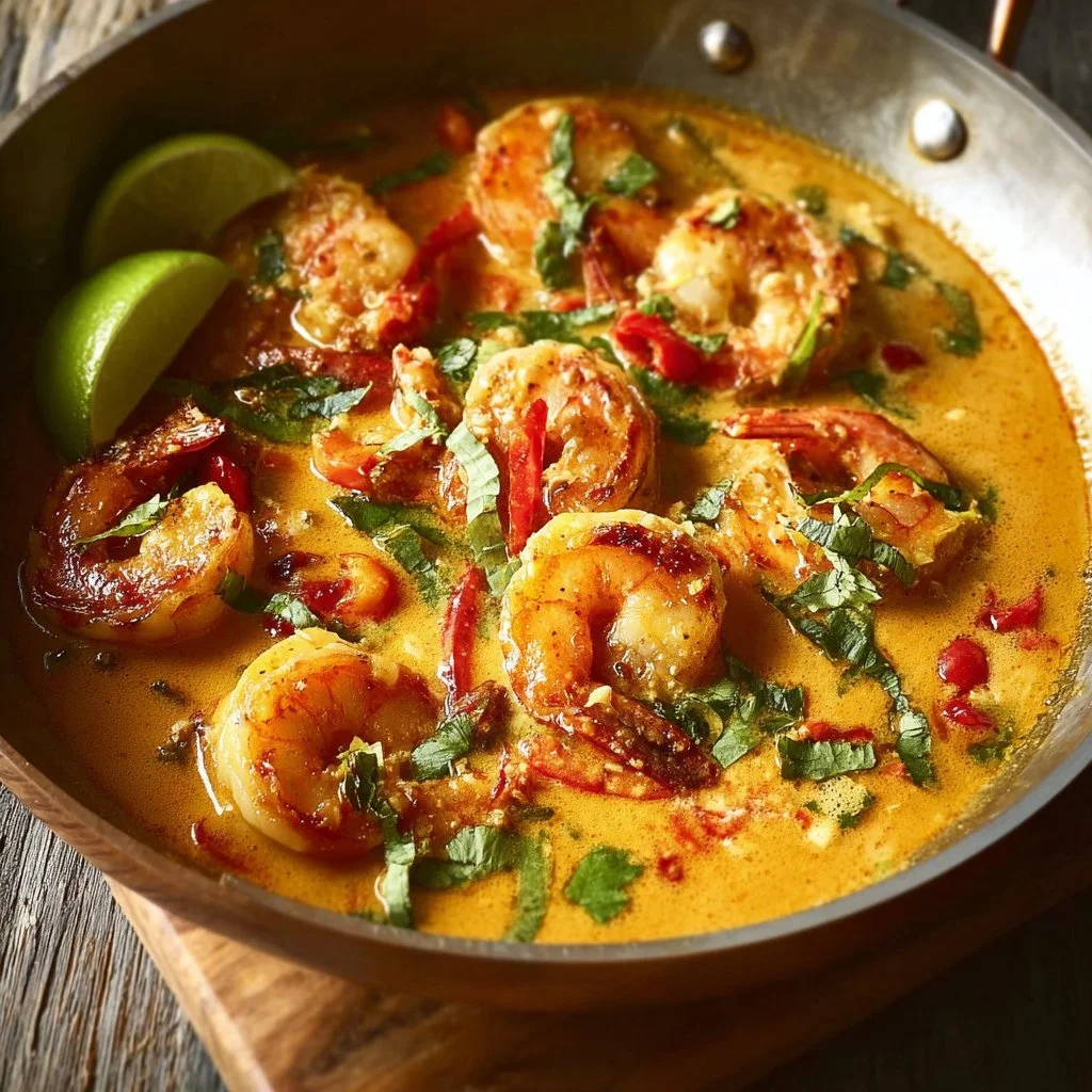 Bowl of Thai coconut shrimp curry garnished with fresh herbs and lime.