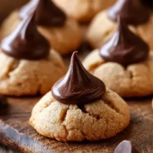 Delicious Thumbprint Hershey Kiss Cookies topped with chocolate kisses