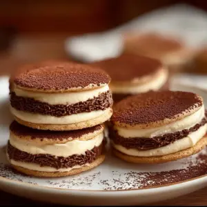 Decadent tiramisu sandwich cookies with espresso cream filling