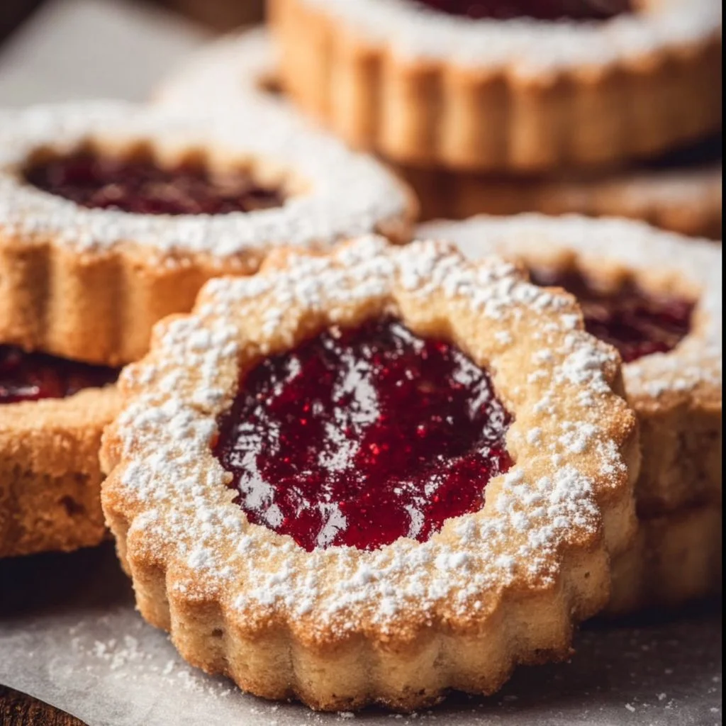 Traditional Linzer cookies with jam filling and powdered sugar on a plate