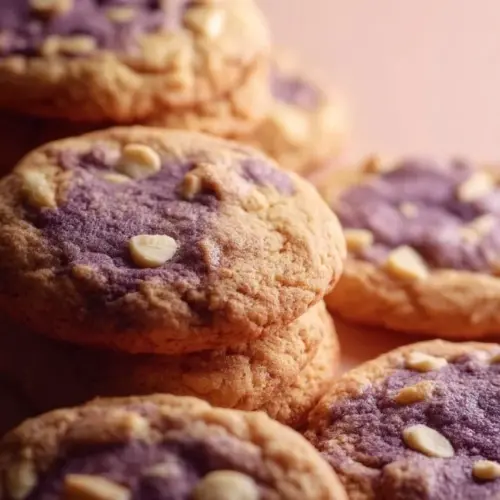 Freshly baked ube cookies with a vibrant purple color and sprinkles