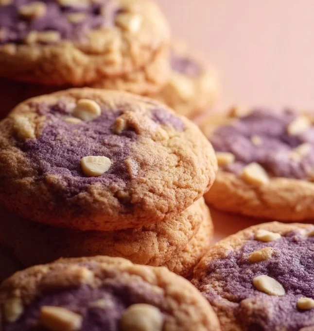 Freshly baked ube cookies with a vibrant purple color and sprinkles