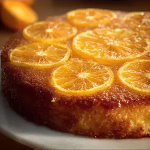 Upside Down Orange Cake garnished with orange slices