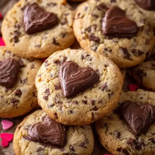 Homemade Valentine's Day chocolate chip cookies on a decorative plate