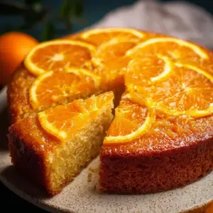 Delicious vegan orange cake topped with fresh orange slices and icing
