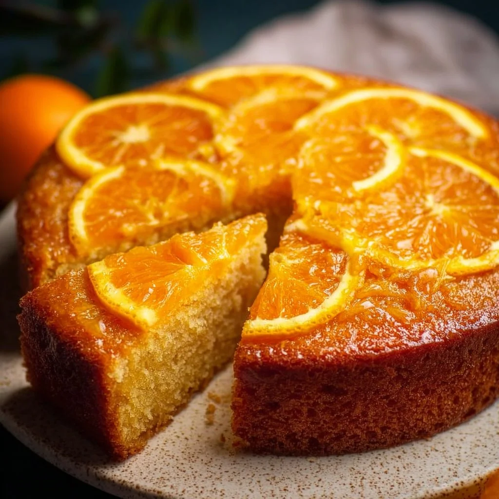 Delicious vegan orange cake topped with fresh orange slices and icing