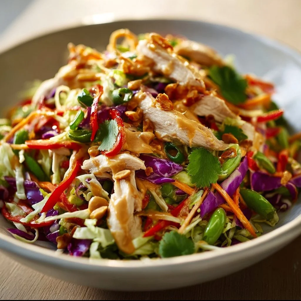 Vibrant chicken salad with colorful vegetables and peanut dressing