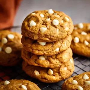 Delicious white chocolate chip pumpkin cookies fresh from the oven