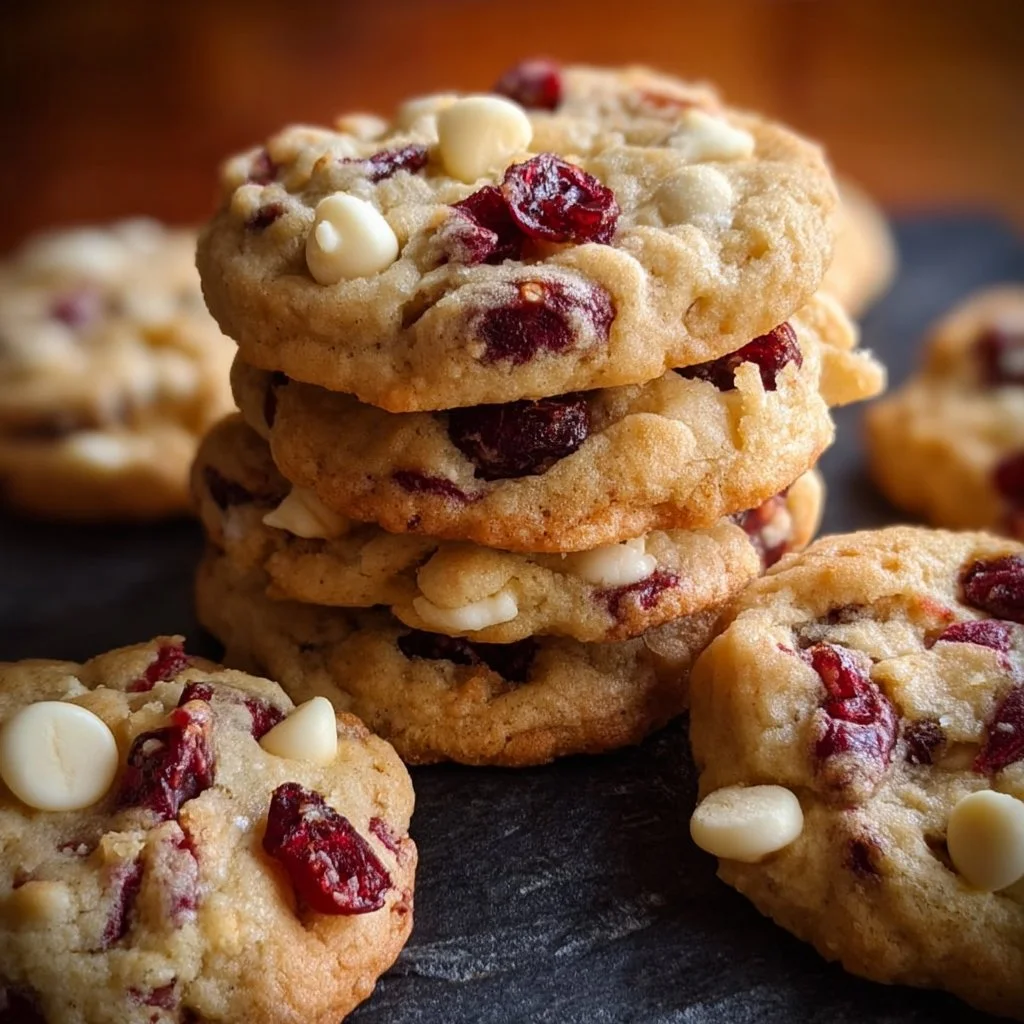 White chocolate cranberry cookies on a plate, fresh from the oven.