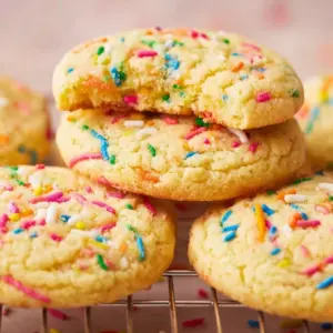Bowl of colorful yellow cake mix cookies topped with sprinkles