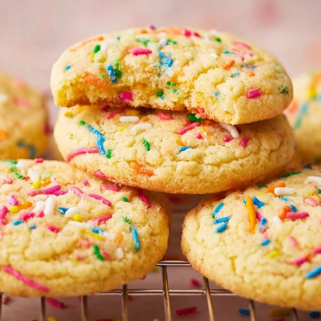 Bowl of colorful yellow cake mix cookies topped with sprinkles