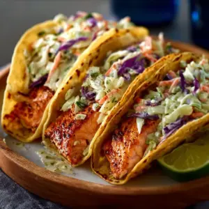 Air fryer salmon tacos with slaw served on a plate.