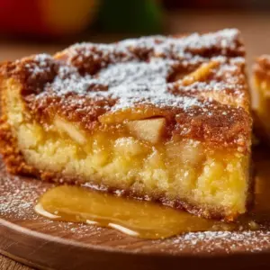 Slice of Apple Gooey Butter Cake topped with a dusting of powdered sugar.