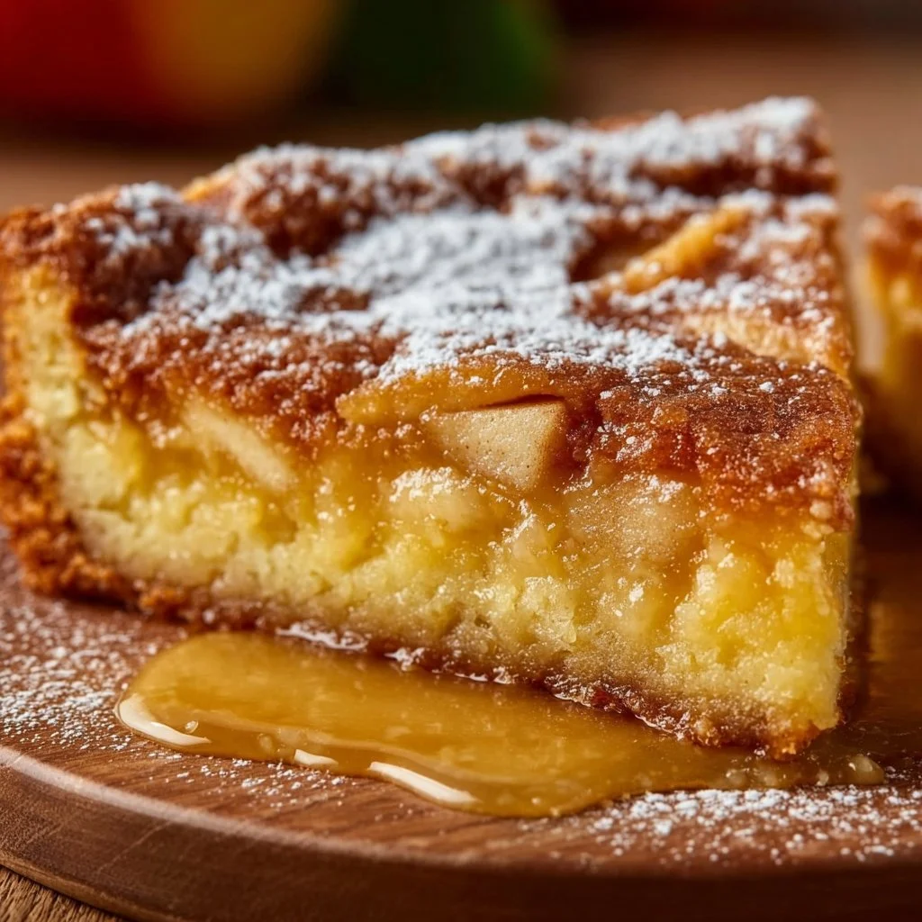 Slice of Apple Gooey Butter Cake topped with a dusting of powdered sugar.
