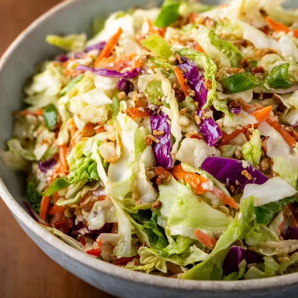 Colorful Asian Cabbage Salad with vegetables and sesame dressing