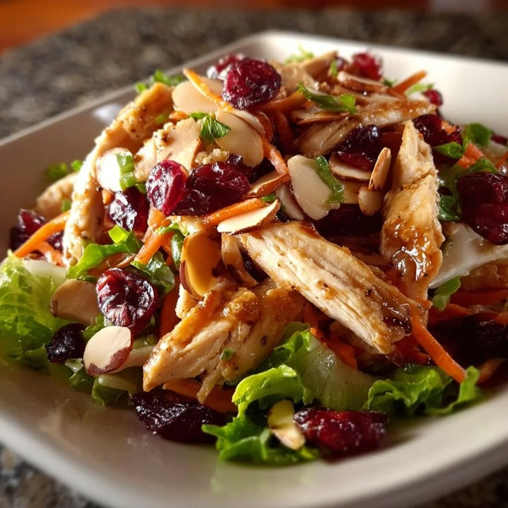 Bowl of Asian Chicken Cranberry Salad with colorful vegetables and chicken