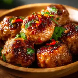 Asian chicken meatballs served on a plate with dipping sauce