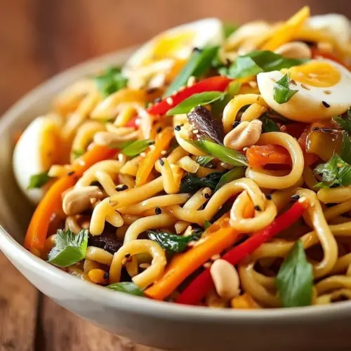 Colorful bowl of Asian Pasta Salad with fresh vegetables and sesame dressing