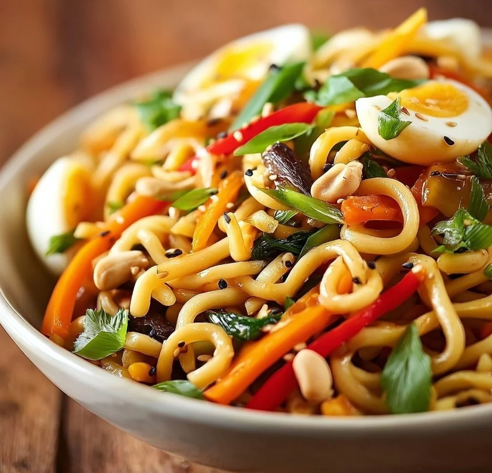 Colorful bowl of Asian Pasta Salad with fresh vegetables and sesame dressing