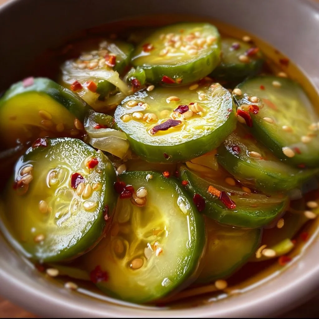 Asian pickled cucumbers in a jar, showcasing vibrant colors and spices.