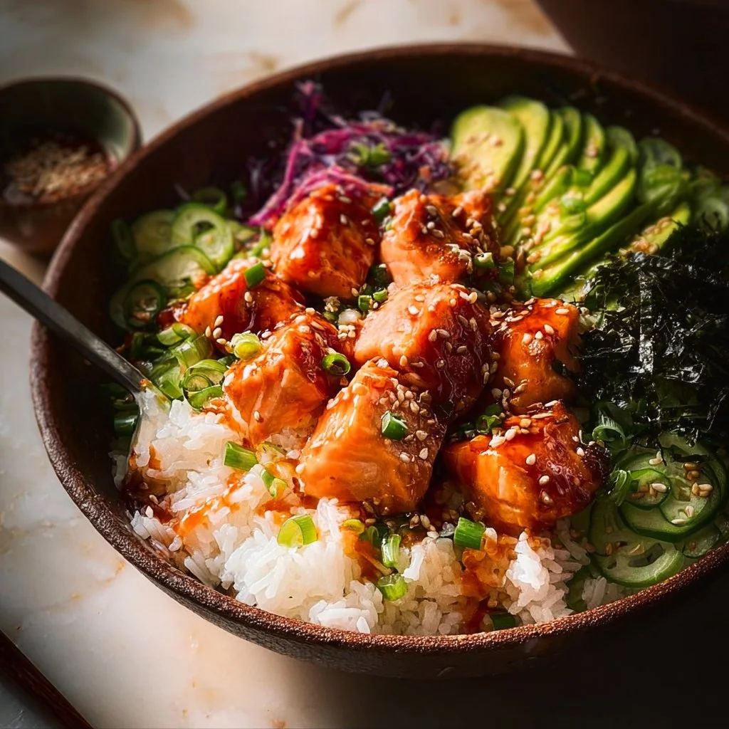 Asian Salmon Rice Bowl with fresh salmon, vegetables, and rice