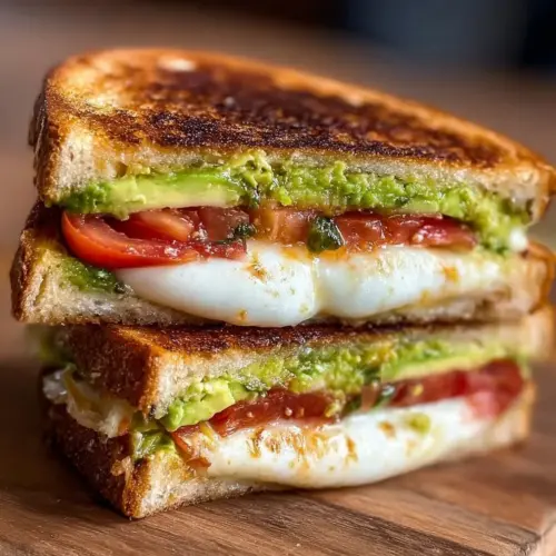 Avocado, mozzarella, and tomato grilled cheese sandwich on a plate