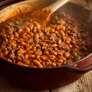 Baked beans with ground beef served in a rustic dish