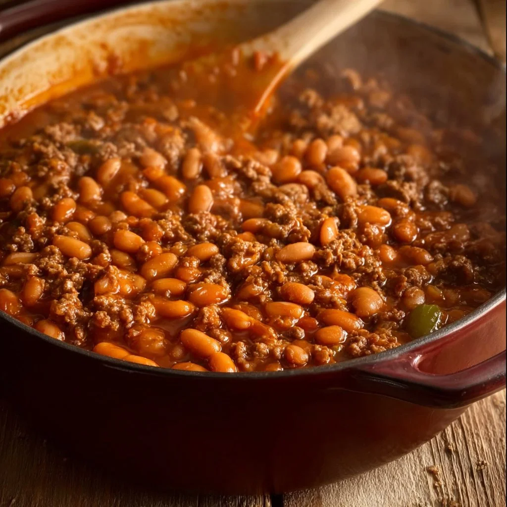Baked beans with ground beef served in a rustic dish