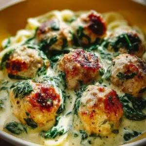 Baked chicken ricotta meatballs served in creamy spinach Alfredo sauce