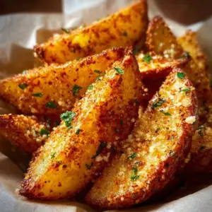 Baked Garlic Parmesan Potato Wedges garnished with herbs and spices