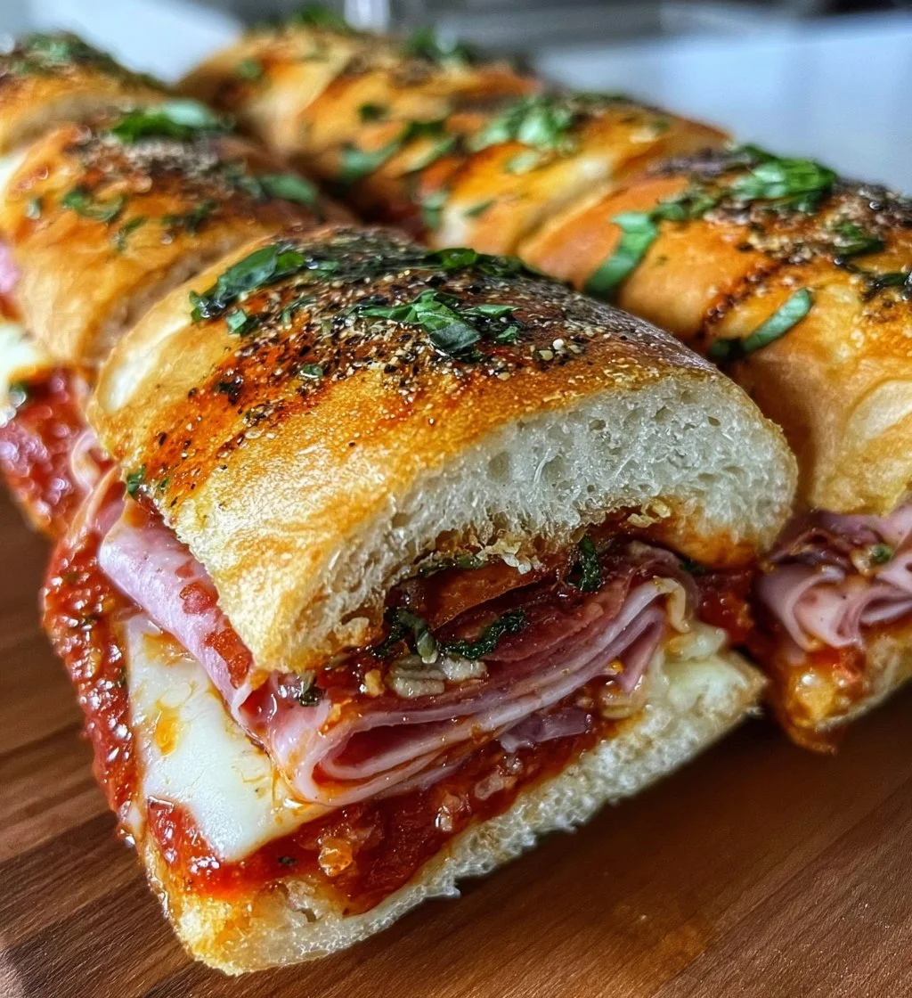 Delicious baked Italian grinder sandwiches with layers of meats and cheeses