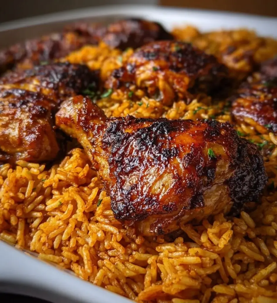 Delicious plate of Baked Jollof Rice with Roasted Chicken and fresh herbs