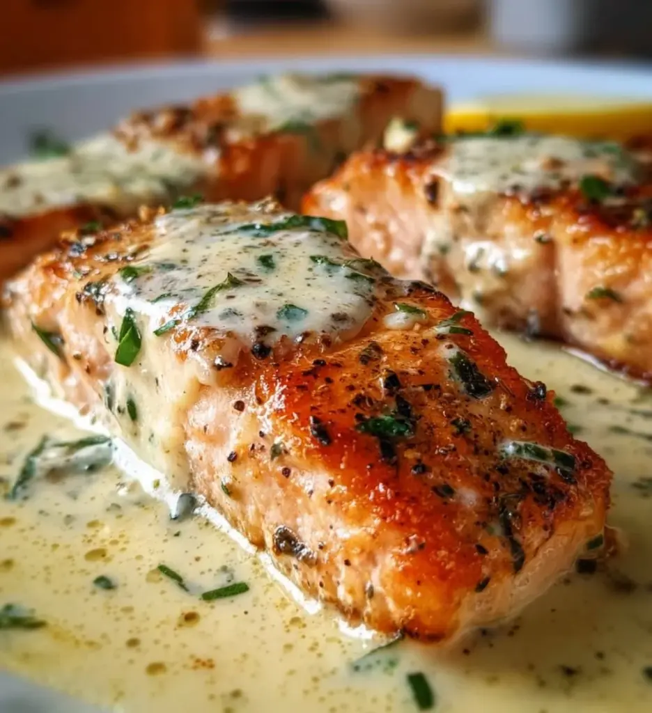 Baked salmon fillet served with a lemon butter cream sauce on a plate.