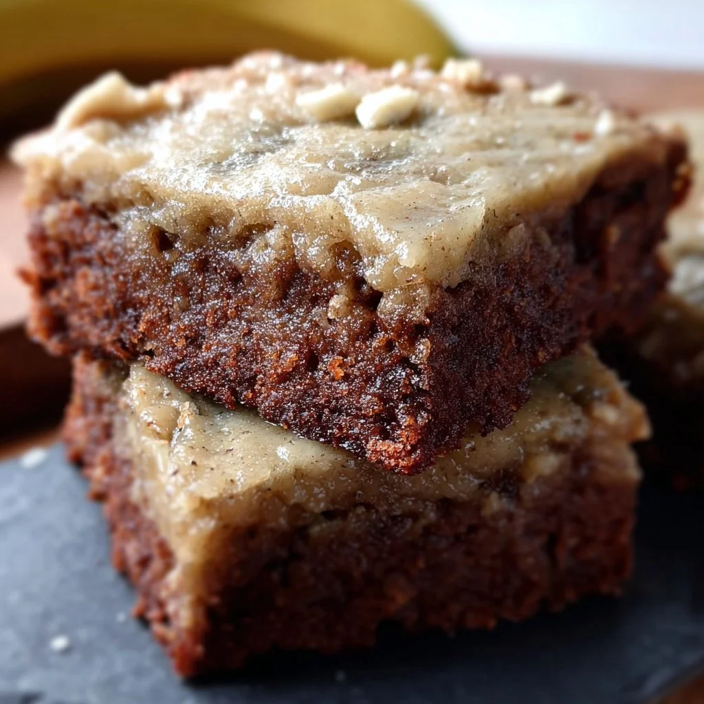 Plate of banana bread brownies topped with chocolate drizzle and sliced bananas